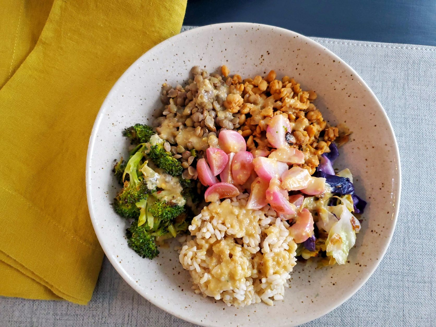 Ginger Tempeh Bowl with Roasted Brassicas and Miso Dressing